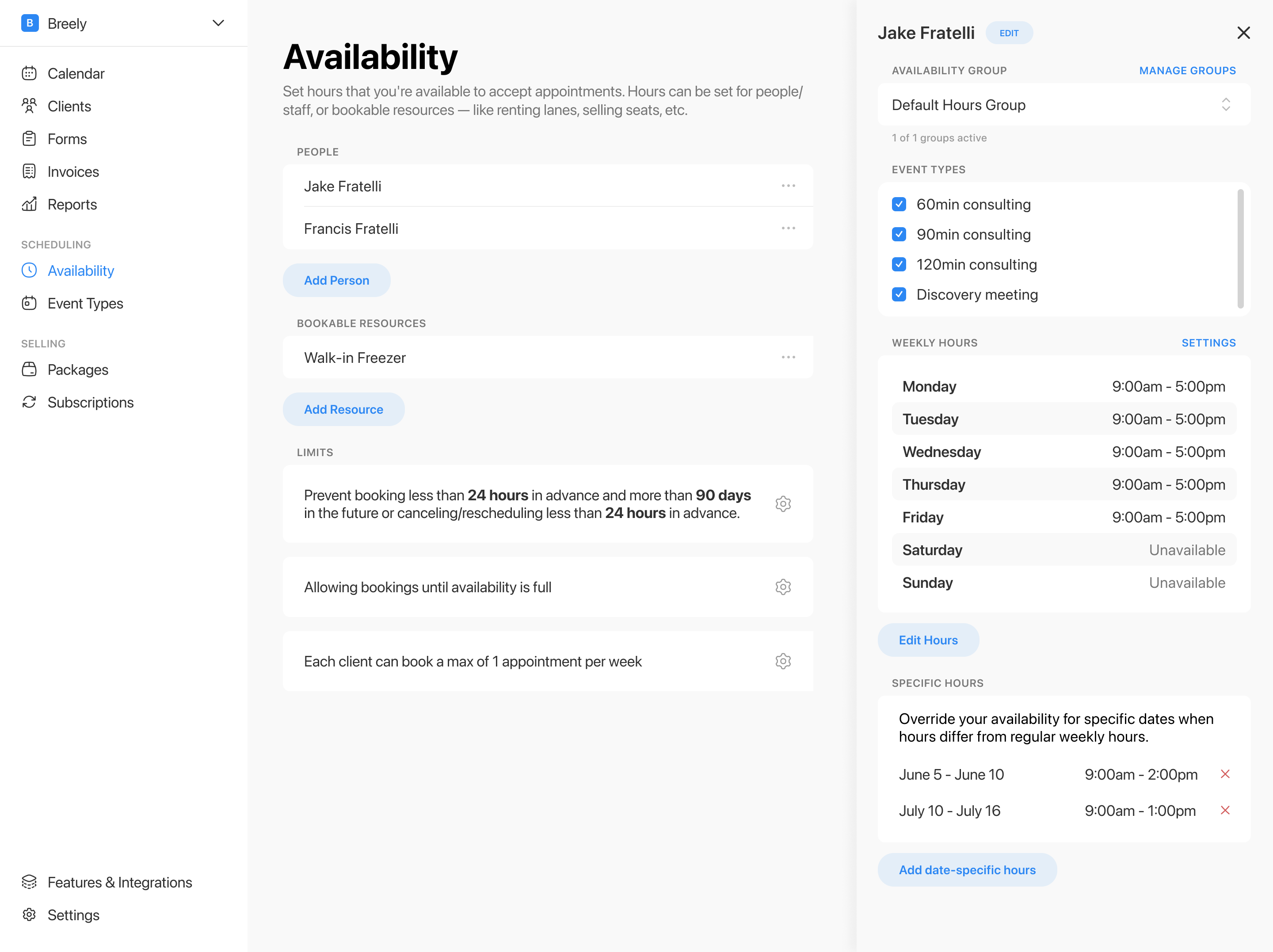 Admin UI to set availability for classes and staff
