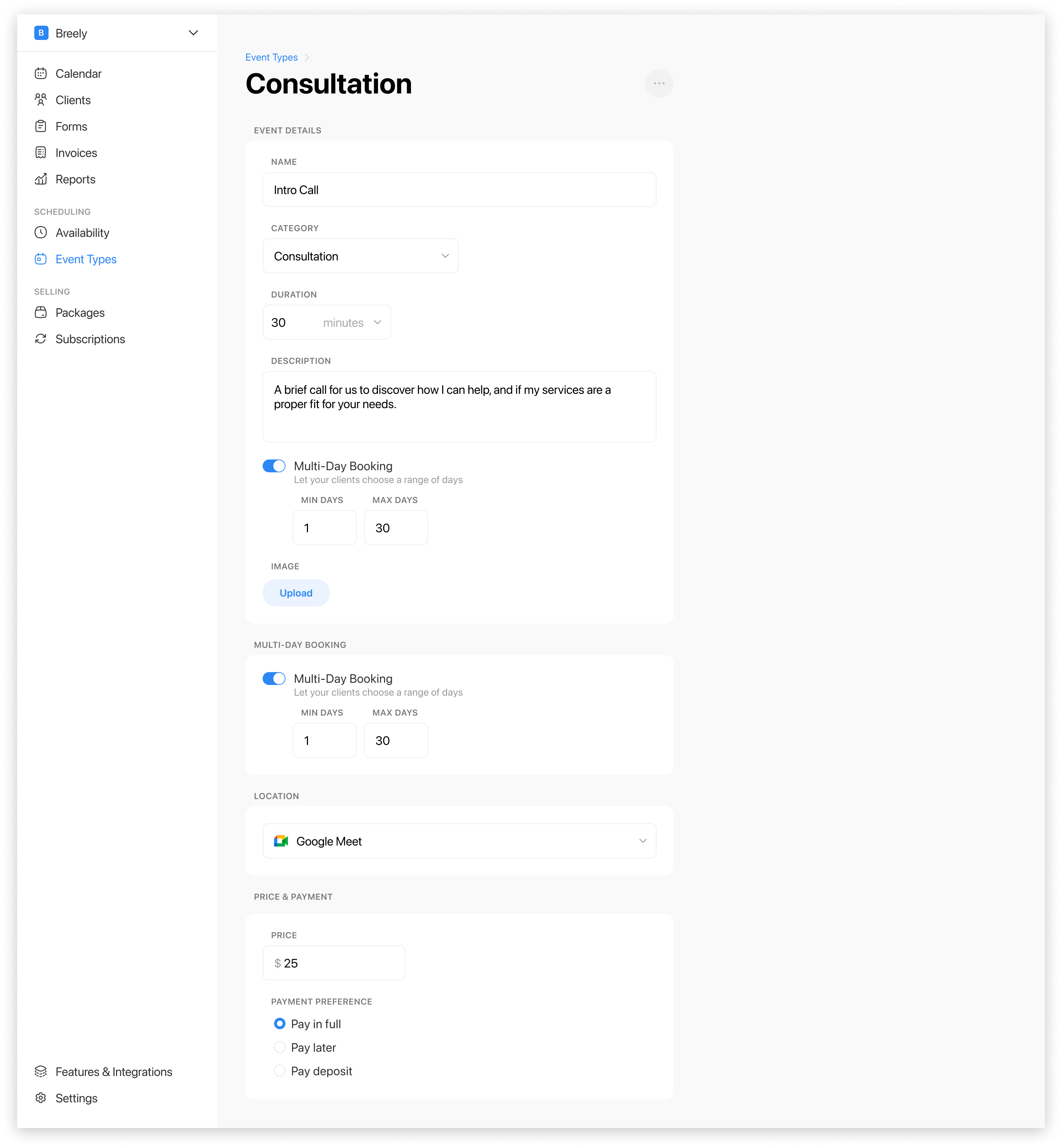 Admin view of setting up an event type in Breely