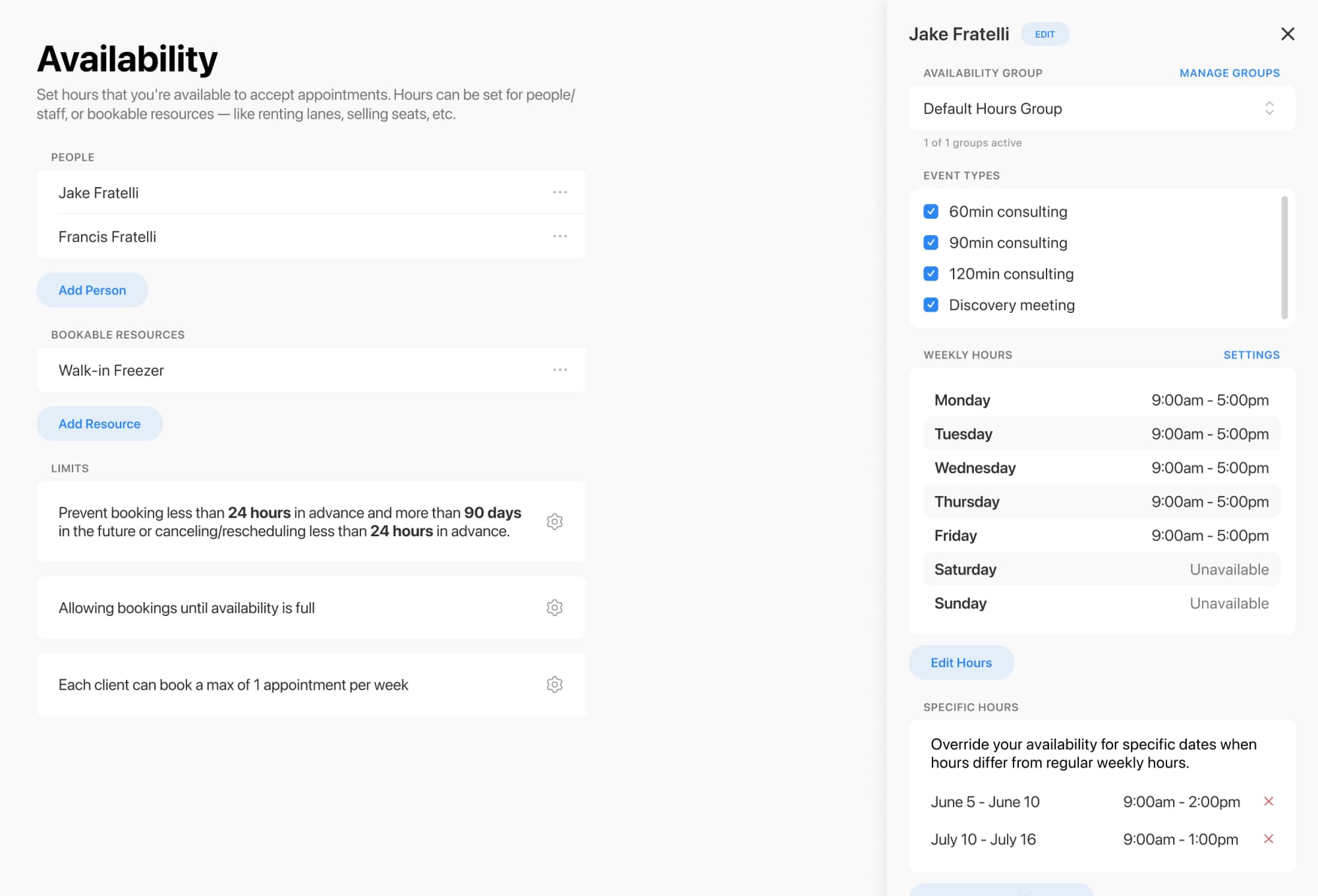 View of admin availability settings in Breely