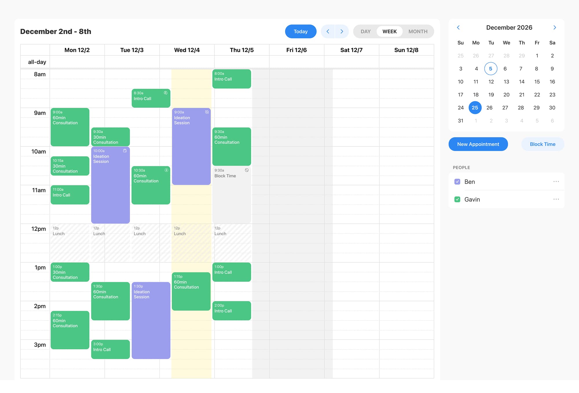 Admin calendar view showing scheduled classes and appointments
