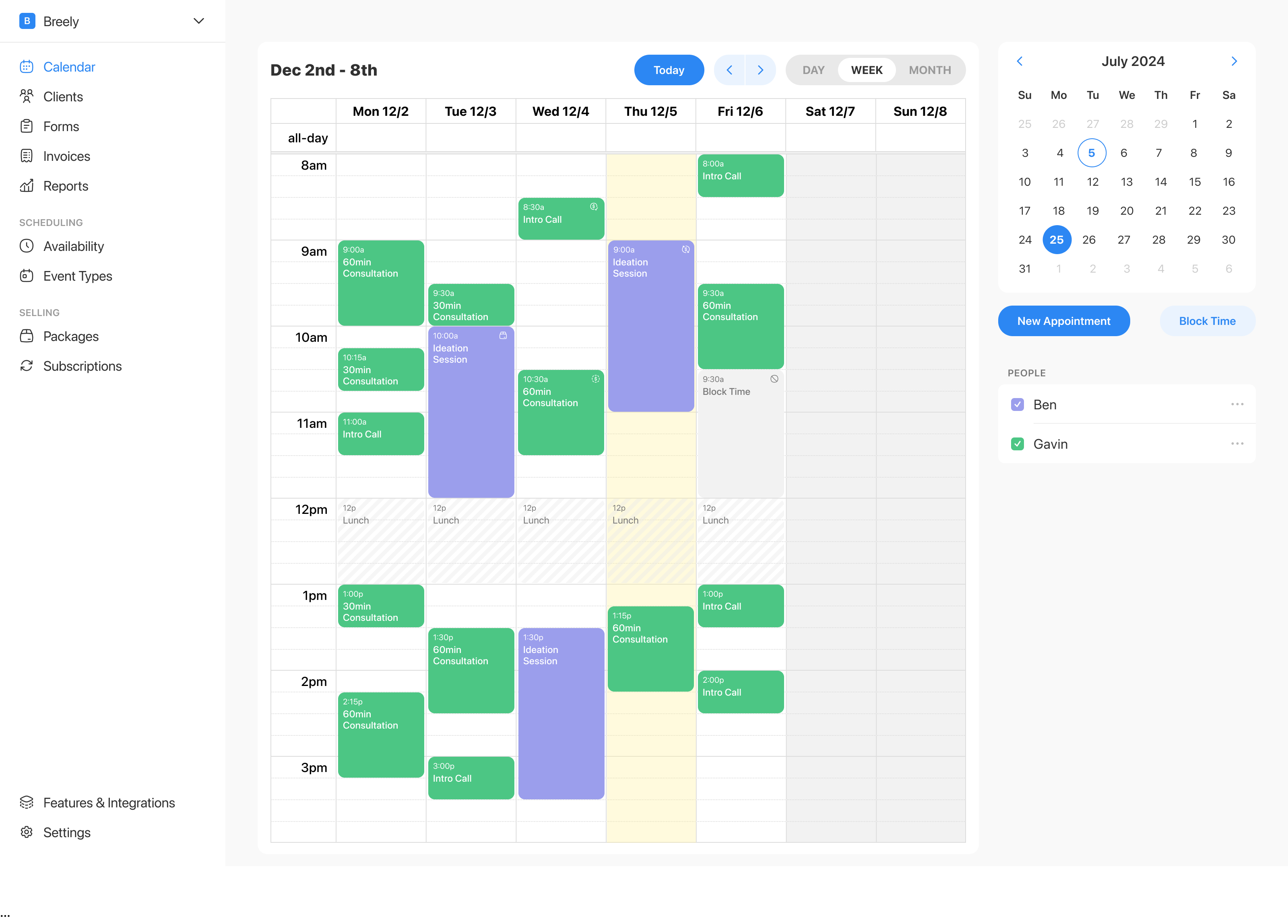 Admin calendar view for managing appointments and recurring client visits