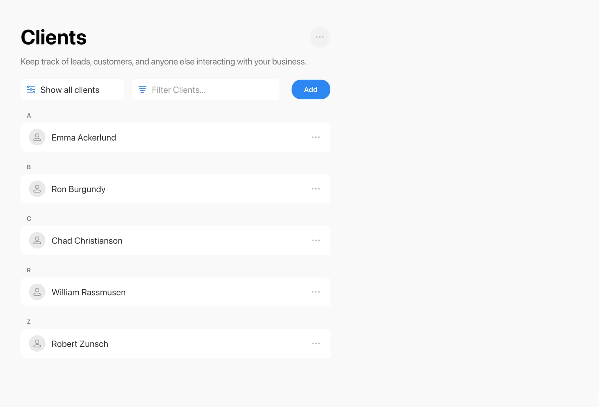 Admin UI of client list