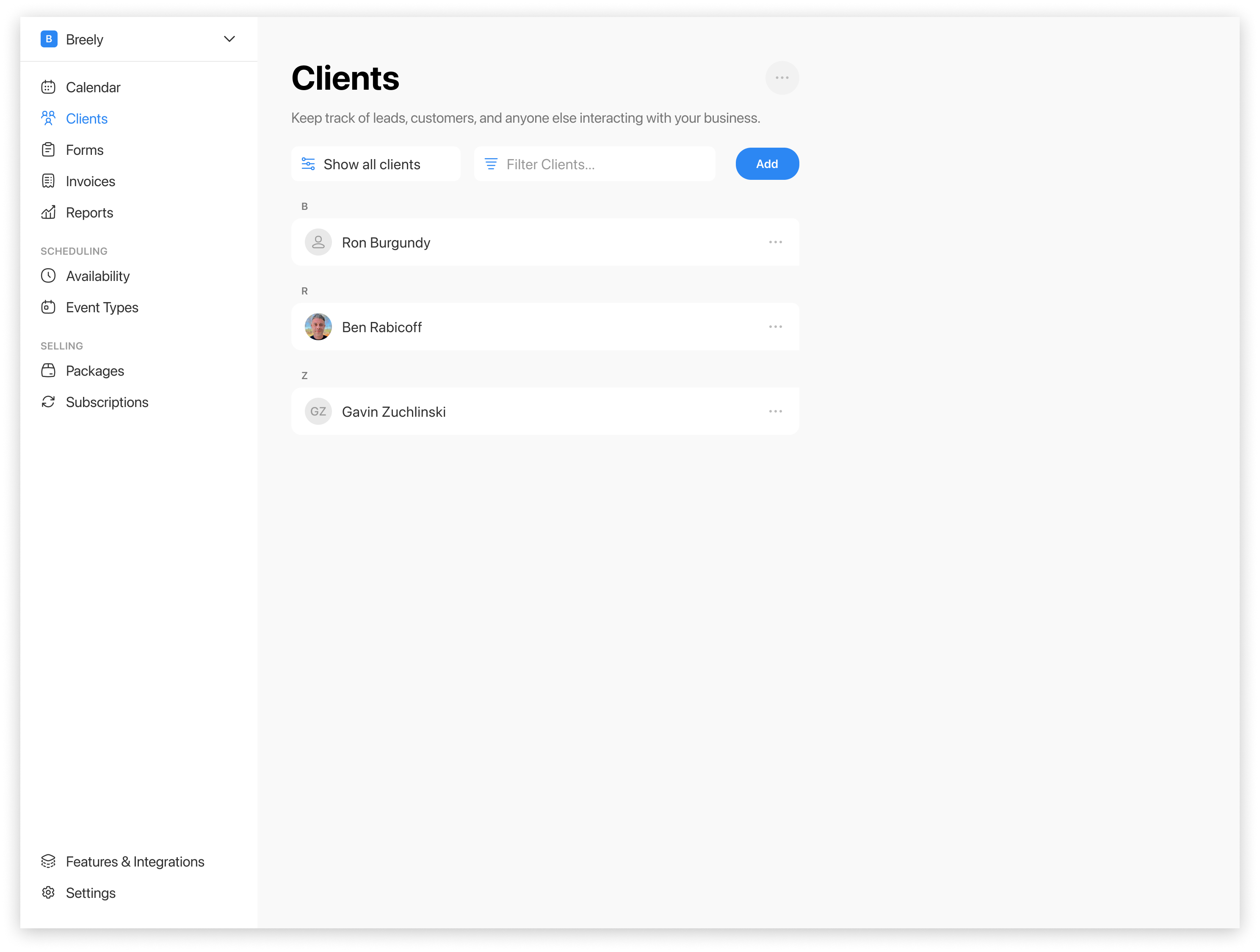 Admin UI of client list