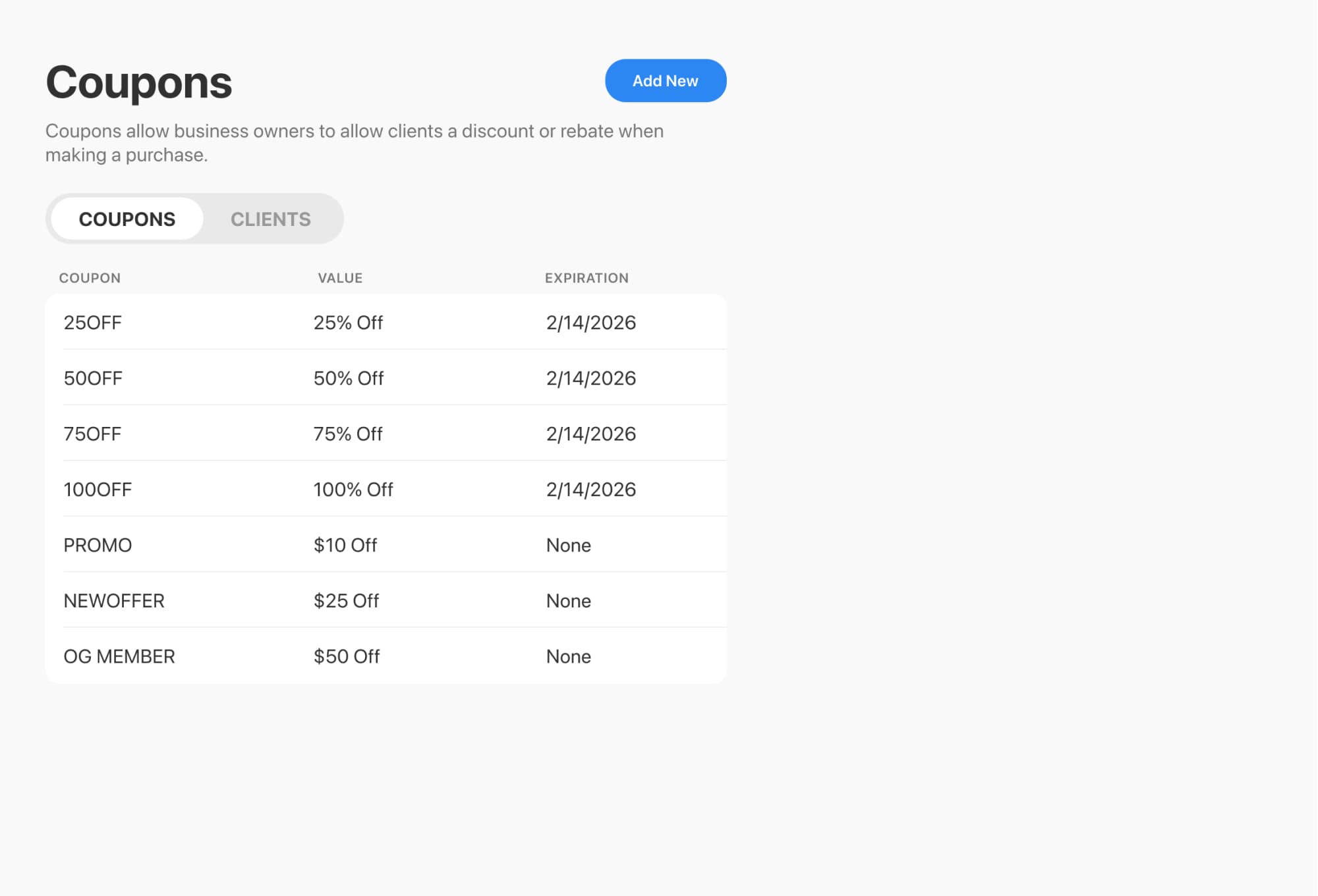 Admin UI showing list of coupons in Breely