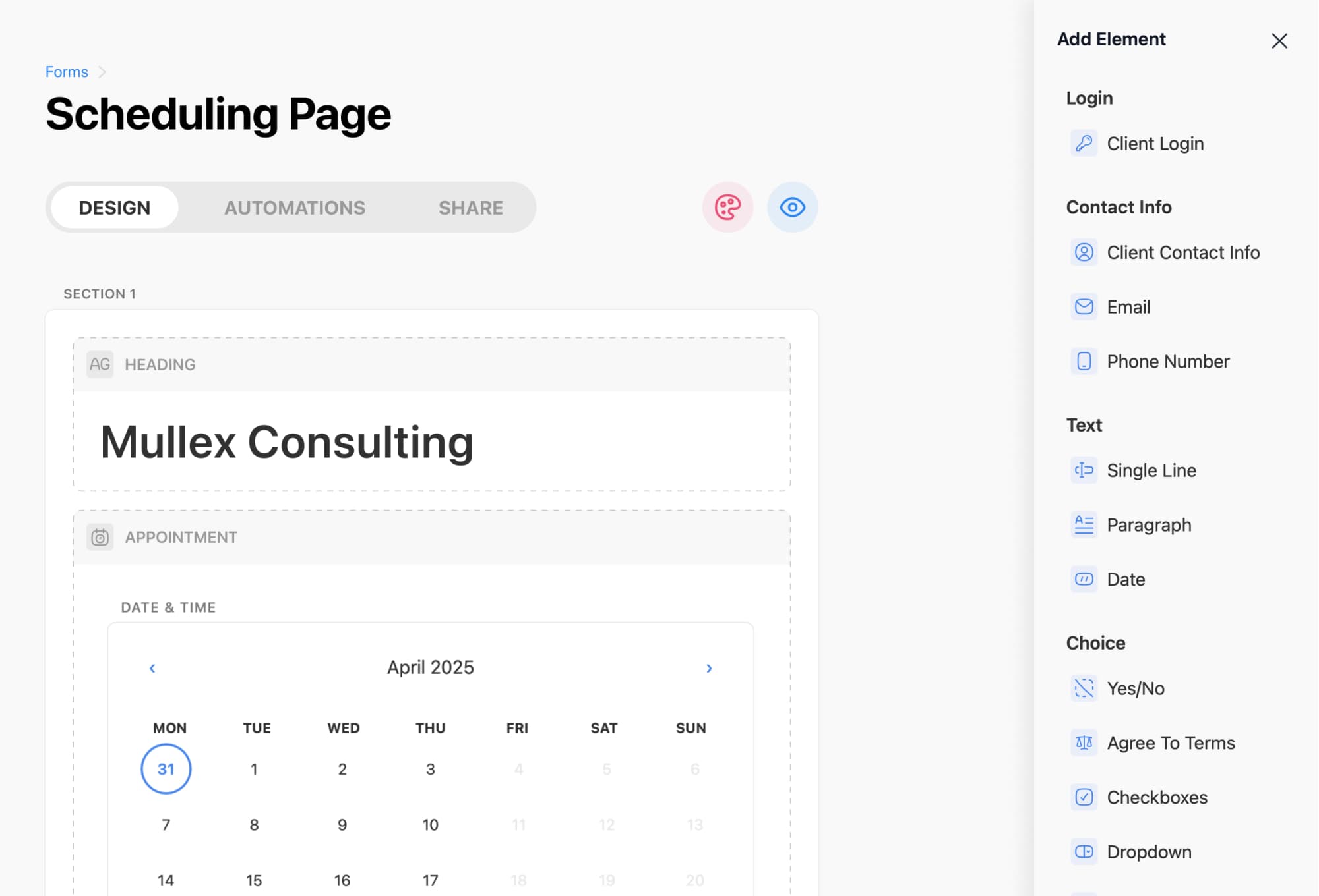 Admin view of building a custom intake form for class bookings