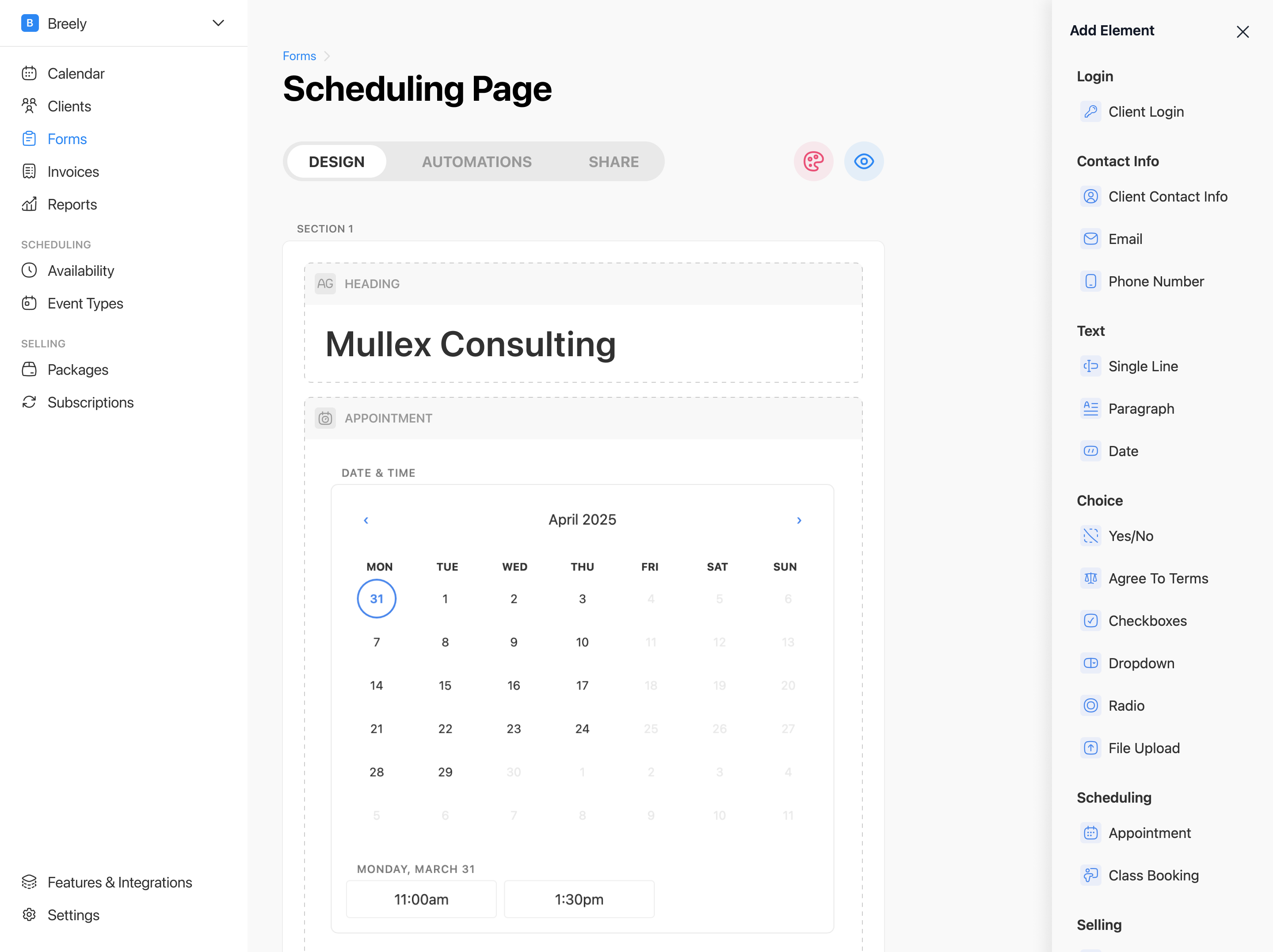 Admin UI showing how to build an intake form for client booking