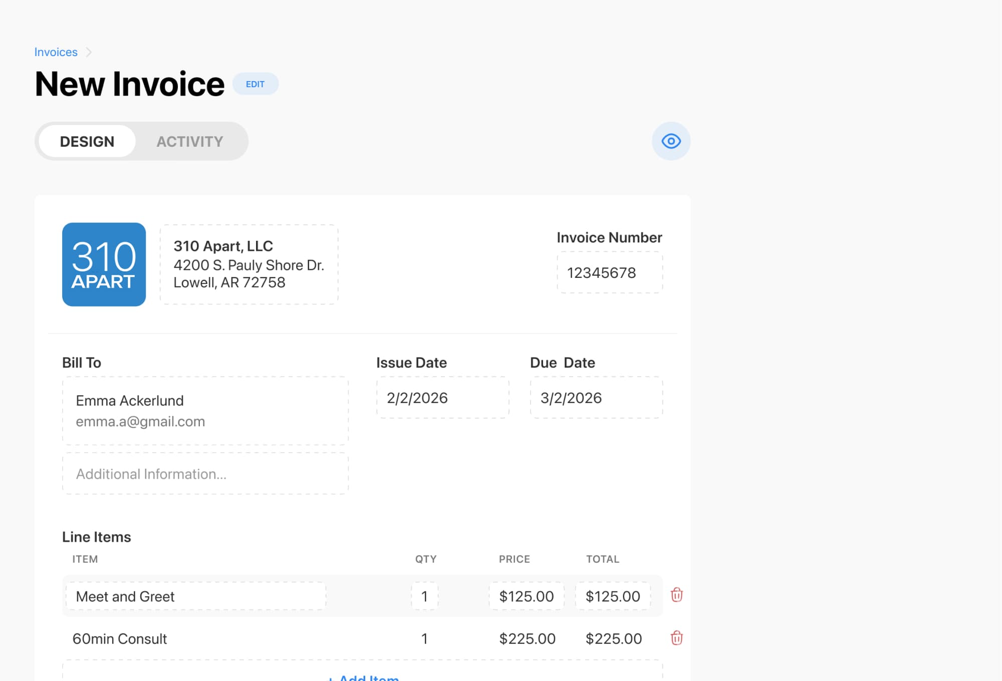 Admin view showing how to build an invoice