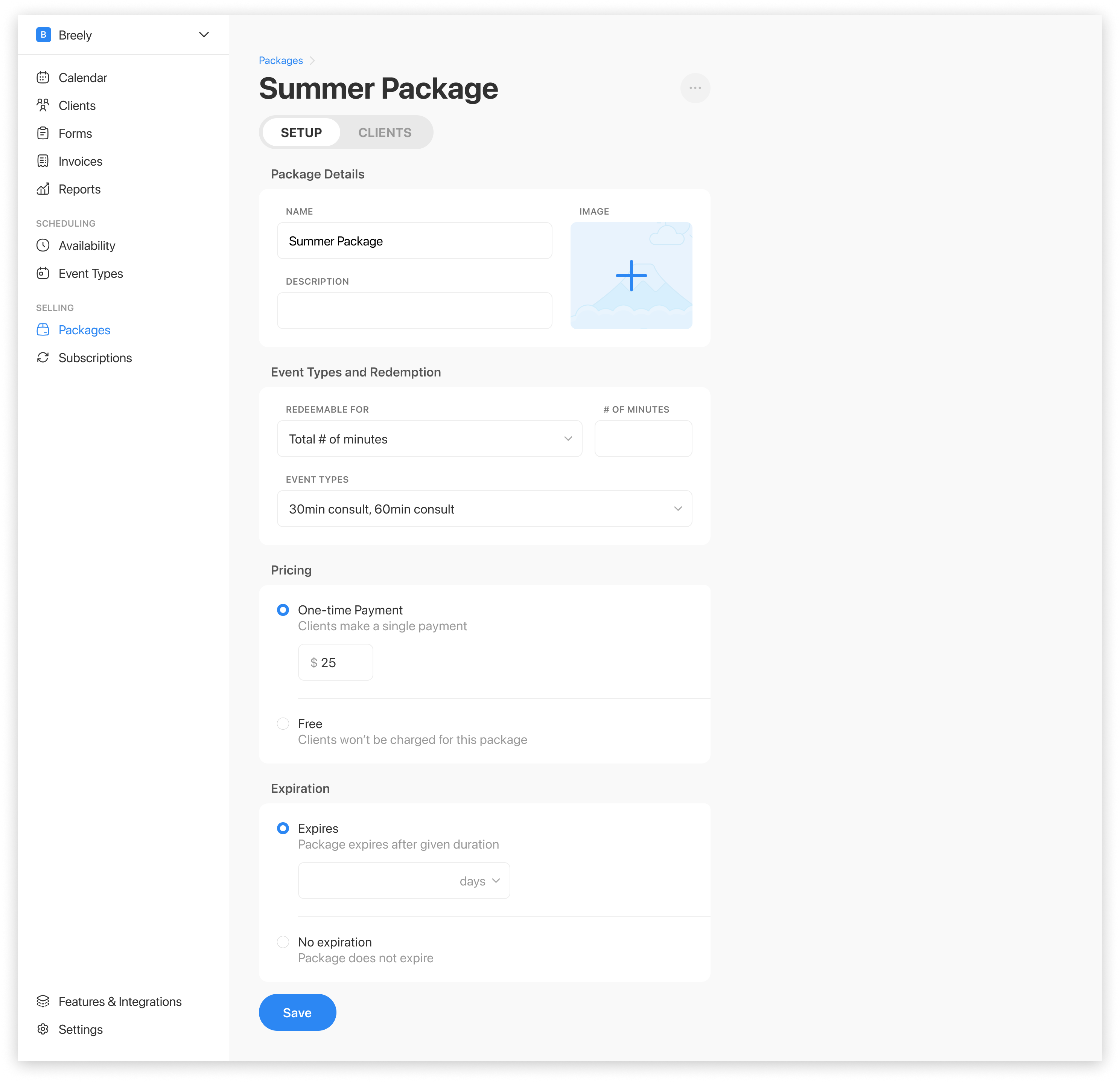Admin view for creating appointment packages