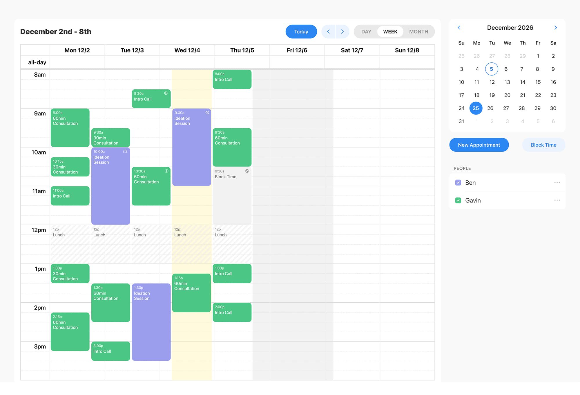 Admin calendar showing scheduled classes and appointments