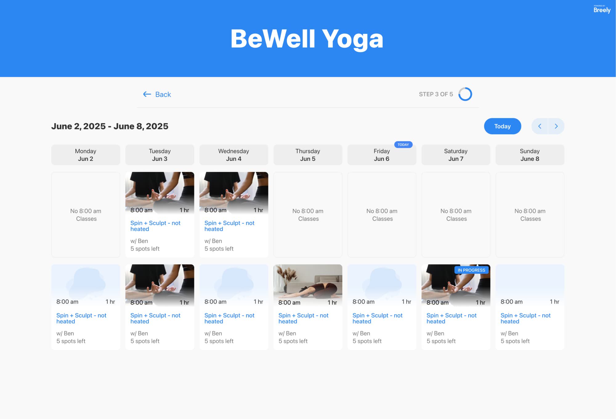 Client view of booking a yoga class in Breely