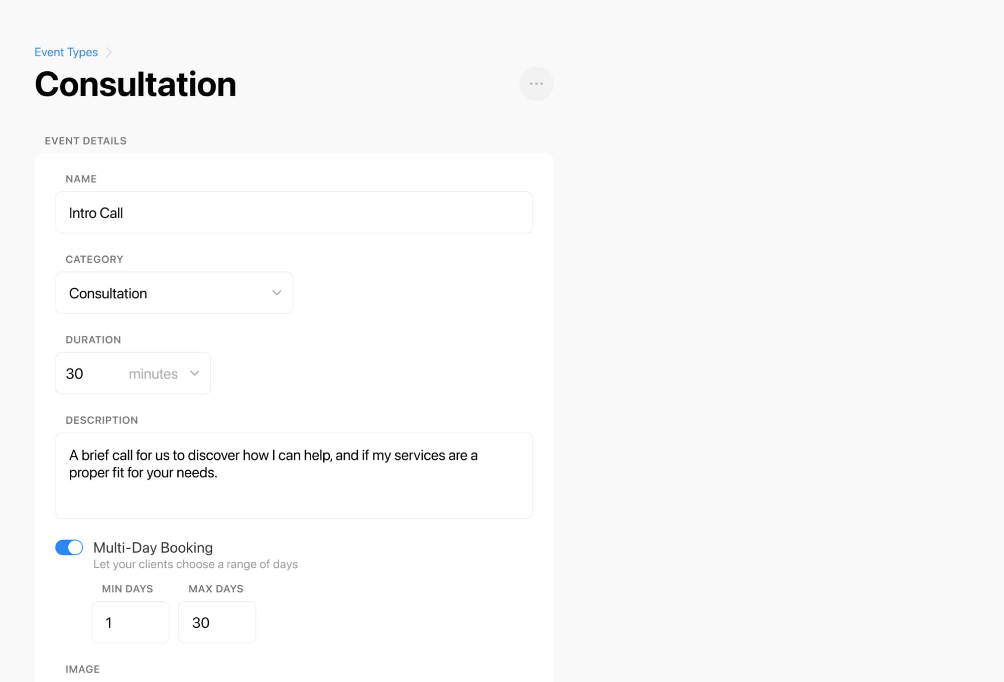 Admin view of setting up an event type in Breely