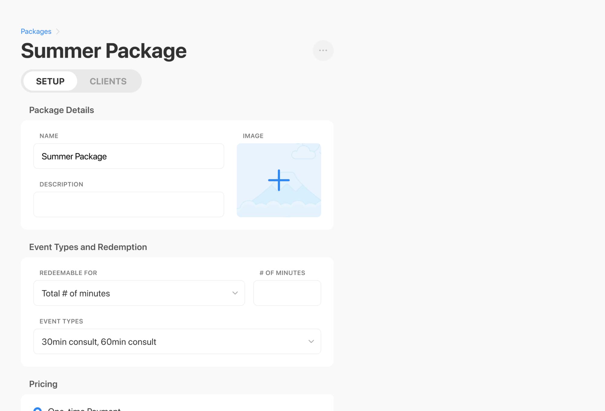 Admin view for creating session packages or memberships