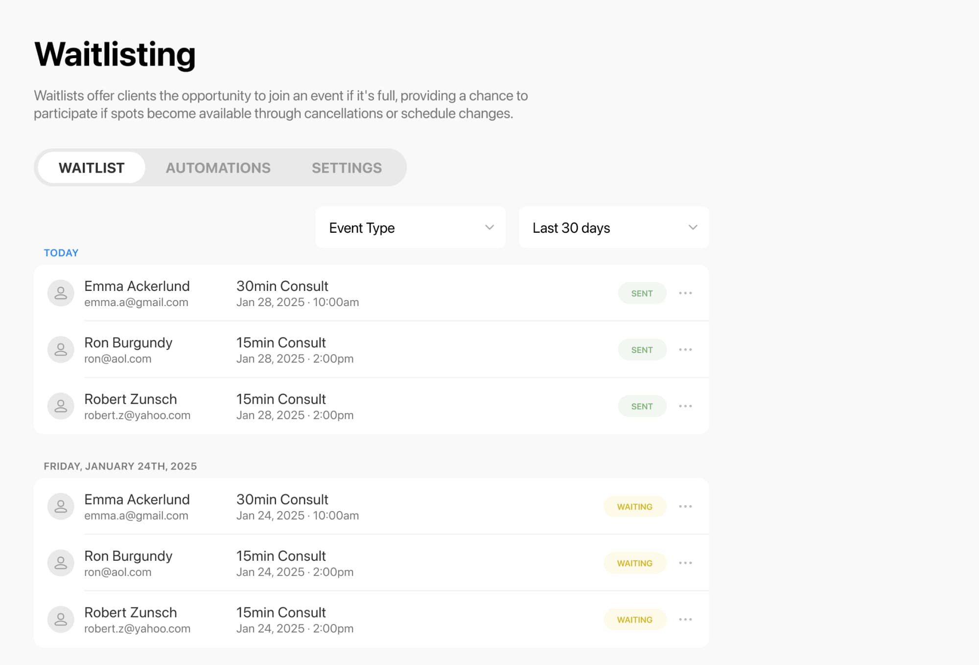Admin dashboard view showing waitlist entries and waitlist management